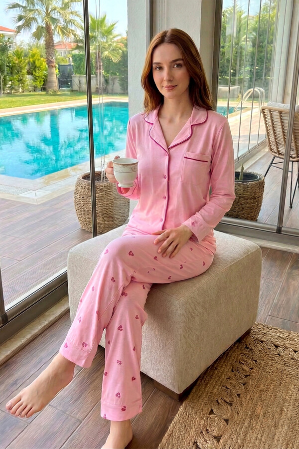 Kadın Önü Düğmeli Yumuşak Milan Kumaş Pijama Takımı 250347-8 Pembe05 - Thumbnail