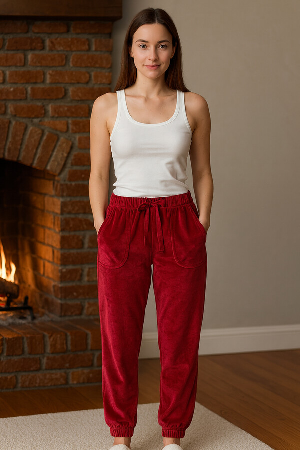 Remsa - Kadın Paçası Lastikli Cep Detaylı Kadife Kumaş Tek Alt 503 Bordo (1)