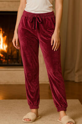 Remsa - Kadın Paçası Lastikli Cep Detaylı Kadife Kumaş Tek Alt 503 Mürdüm