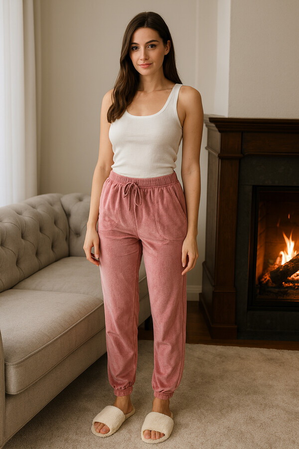 Remsa - Kadın Paçası Lastikli Cep Detaylı Kadife Kumaş Tek Alt 503 Pembe (1)