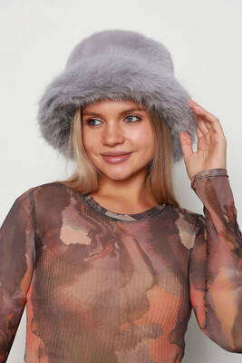 Remsa - Kadın Peluş Bucket Kalpak Şapka RKŞ-14 Gri (1)