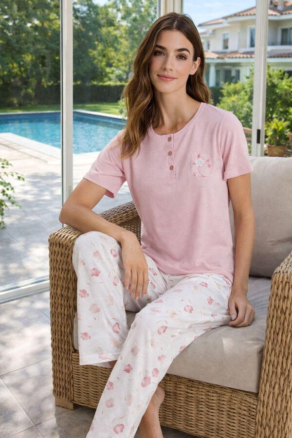Kadın Penye Kısa Kol Pijama Takımı 3339 Pembe - Thumbnail