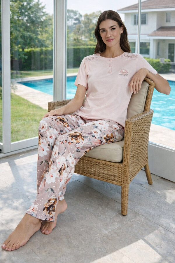 Kadın Penye Kısa Kol Pijama Takımı 3340 Pudra01 - Thumbnail