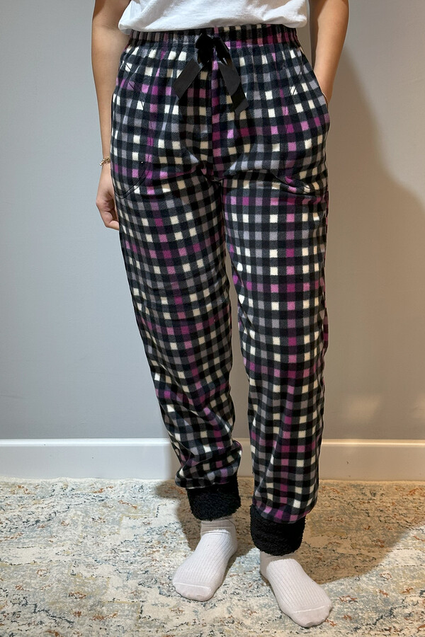 Kadın Polar Manşetli Pijama Tek Alt Kare 130 Mor