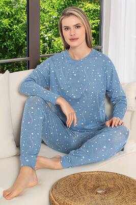 Aydoğan - Kadın Renkli Yıldız Desen Uzun Kol Pijama Takımı 240977 Mavi (1)