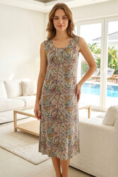 Remsa - Kadın Şal Desen Sıfır Kol Viskon Elbise Pijama 40121-1529 Haki