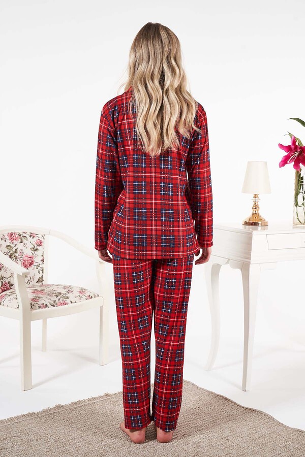 Kadın Süet Önden Düğmeli Pijama Takımı 25331 Kırmızı - Thumbnail