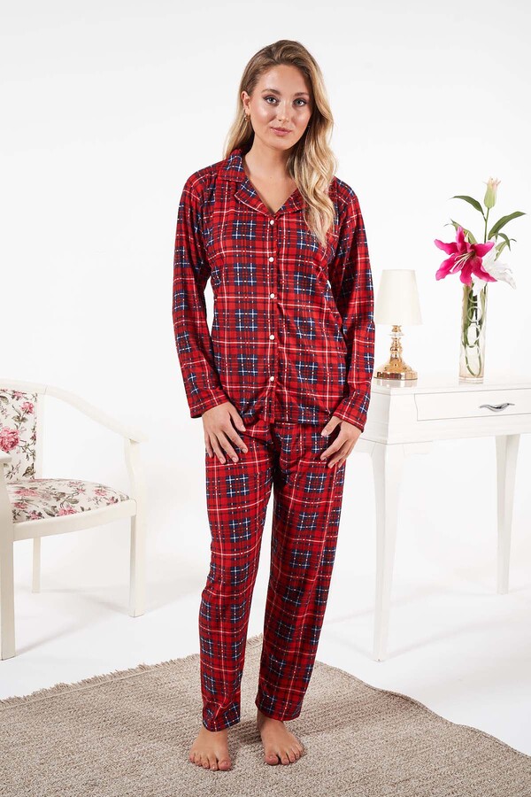 Kadın Süet Önden Düğmeli Pijama Takımı 25331 Kırmızı - Thumbnail