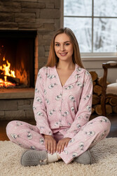 Remsa - Kadın Tavşan Desen Önü Düğmeli Suprem Pijama Takımı 0544 Pembe11