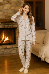 Remsa - Kadın Tavşan Desen Suprem Düğmeli Pijama Takımı 0371 Vizon03