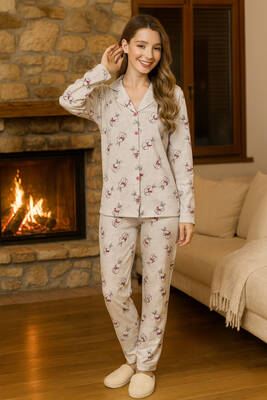 Remsa - Kadın Tavşan Desen Suprem Düğmeli Pijama Takımı 0371 Vizon03