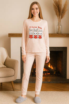 Remsa - Kadın Tavşan Desen Suprem Pijama Takımı 0497 Pudra