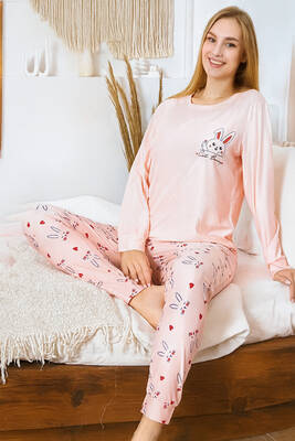 Remsa - Kadın Tavşan Desen Yumuşak Doku Marla Pijama Takımı 0479 Somon02 (1)