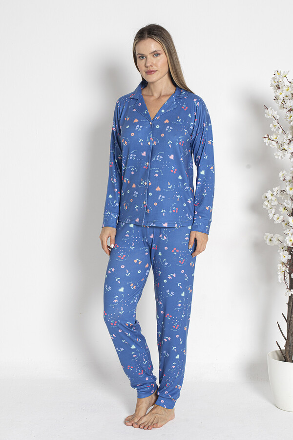 Kadın Termal Önü Düğmeli Pijama Takımı 24490 Mavi