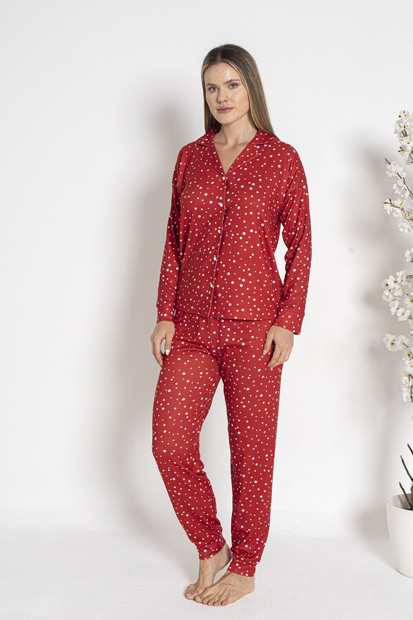 Kadın Termal Önü Düğmeli Pijama Takımı 24492 Kırmızı