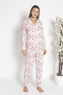 Estiva - Kadın Termal Önü Düğmeli Pijama Takımı 24495 Ekru