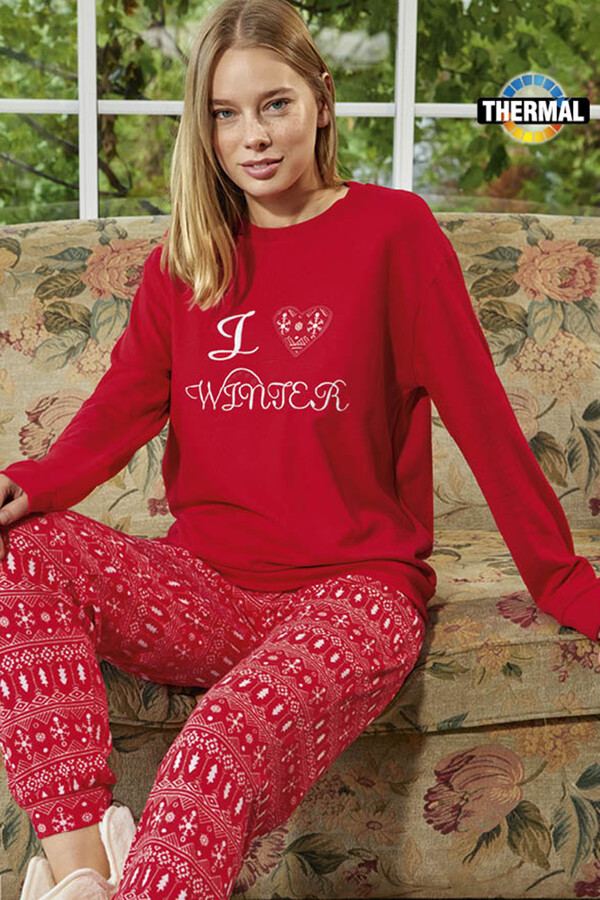 Kadın Termal Uzun Kol Pijama Takımı 30000 Kırmızı - Thumbnail