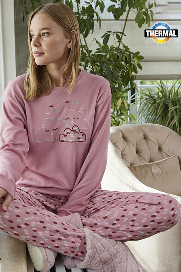 Kadın Termal Uzun Kol Pijama Takımı 30021 Pembe - Thumbnail