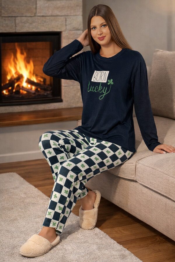 Kadın Termal Uzun Kol Pijama Takımı 4718 Petrol - Thumbnail