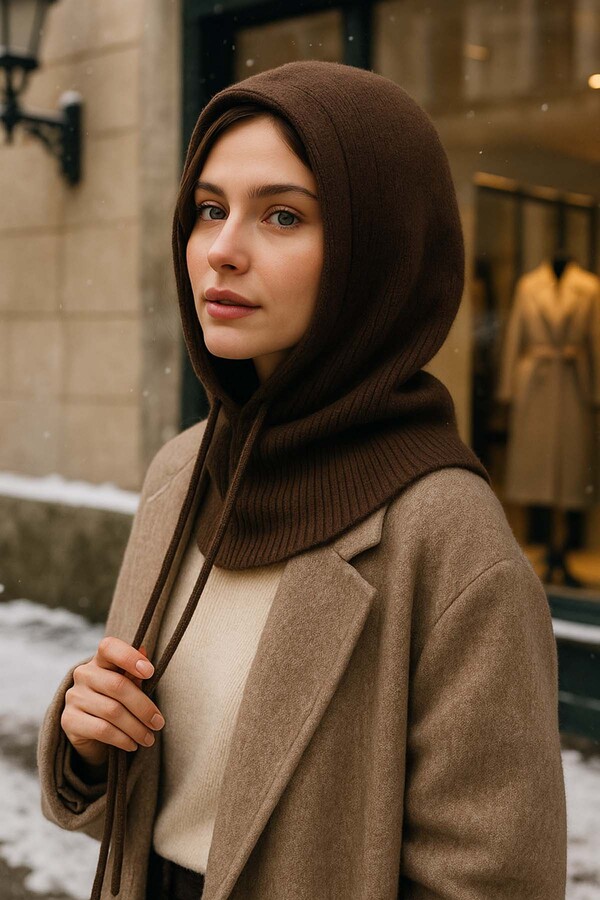 Remsa - Kadın Triko Balaklava Bere Şapka RKŞBYN-05 Kahverengi