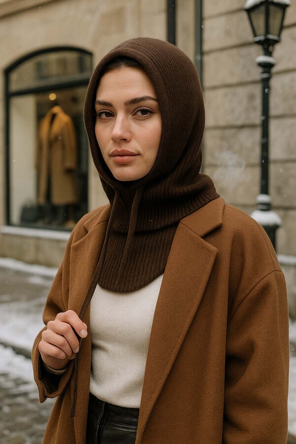 Remsa - Kadın Triko Balaklava Bere Şapka RKŞBYN-05 Kahverengi (1)