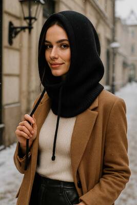 Remsa - Kadın Triko Balaklava Bere Şapka RKŞBYN-05 Siyah (1)