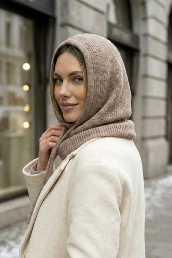 Kadın Triko Balaklava Bere Şapka RKŞBYN-05 Vizon - Thumbnail