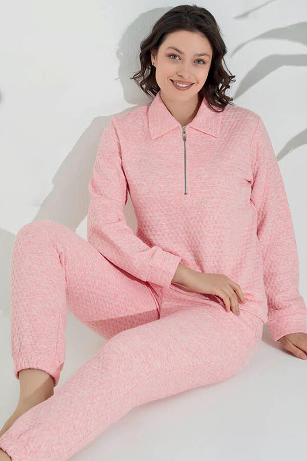 Kadın Uzun Kol Fermuar Detay Petek Dokuma Pijama Takımı 240441 Pembe02 - Thumbnail