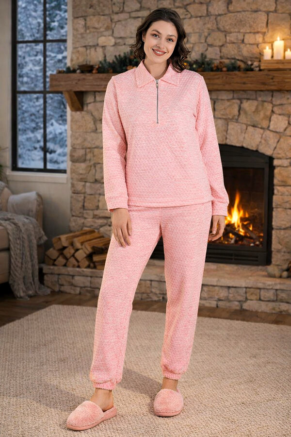 Kadın Uzun Kol Fermuar Detay Petek Dokuma Pijama Takımı 240441 Pembe02 - Thumbnail