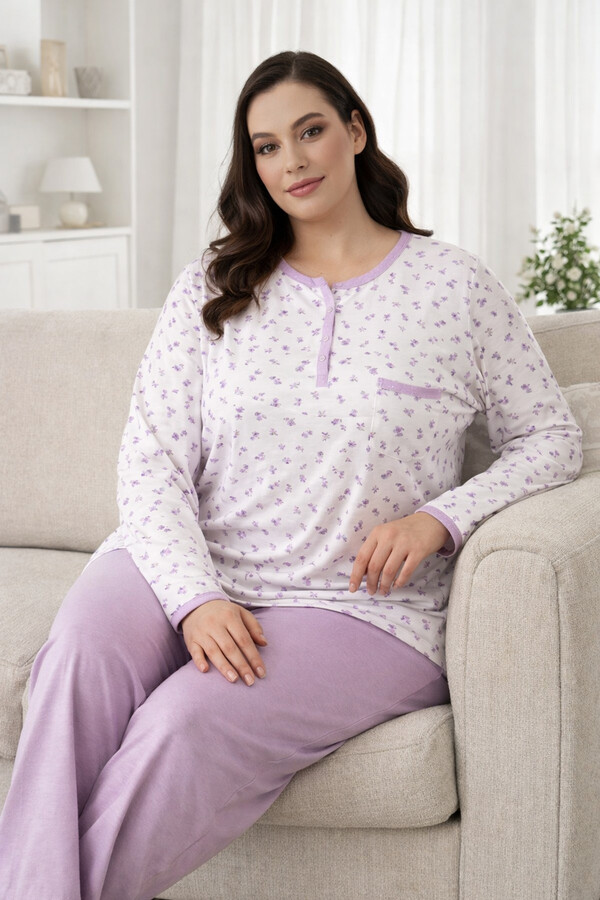 Kadın Uzun Kol Kroşetalı Patlı Pamuklu Pijama Takımı 240854 Beyaz - Thumbnail