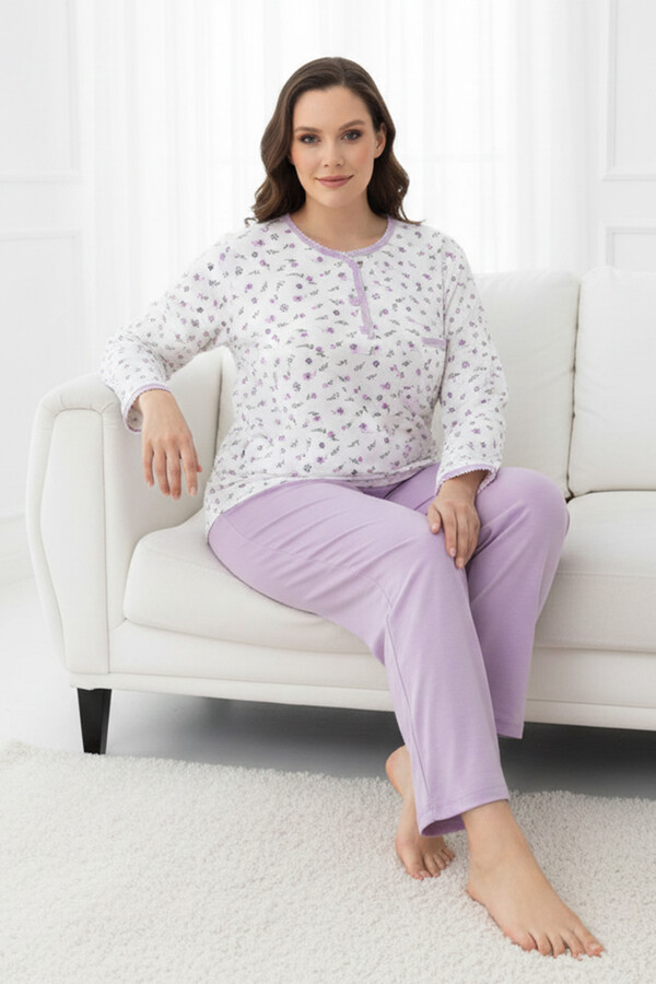 Kadın Uzun Kol Kroşetalı Patlı Pamuklu Pijama Takımı 240854 Beyaz - Thumbnail