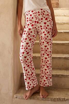 Remsa - Kadın Viskon Kumaş Kırmızı Kalp Desen Penye Tek Pijama Alt 35 Beyaz02 (1)