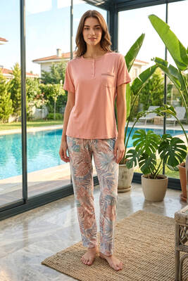 Remsa - Kadın Viskon Kumaş Kısa Kol Pijama Takımı 3353 Pudra02