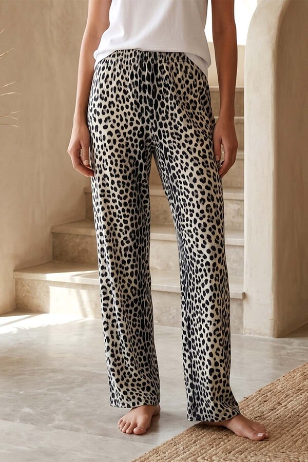 Kadın Viskon Kumaş Leopar Desen Penye Tek Pijama Alt 36 Siyah - Thumbnail