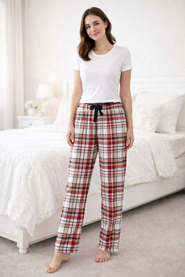 Remsa - Kadın Viskon Kumaş Penye Tek Pijama Alt 18 Kırmızı