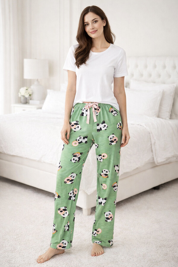 Kadın Viskon Kumaş Penye Tek Pijama Alt 23 Yeşil - Thumbnail