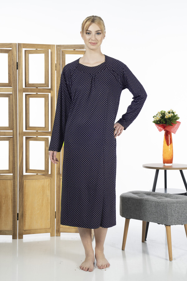 Kadın Viskon Likralı Pijama Elbise 23245 Puantiye Lacivert