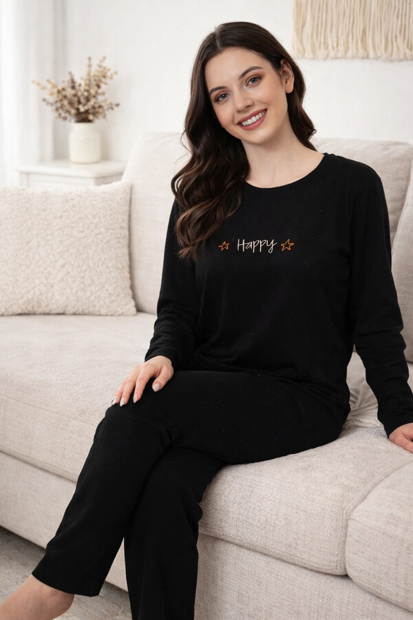 Kadın Yazı Desen Suprem Pijama Takımı 0608 Siyah06 - Thumbnail