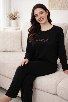 Remsa - Kadın Yazı Desen Suprem Pijama Takımı 0608 Siyah06