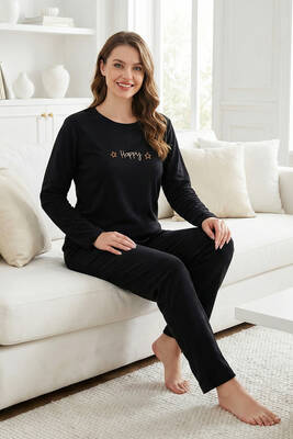 Remsa - Kadın Yazı Desen Suprem Pijama Takımı 0608 Siyah06 (1)