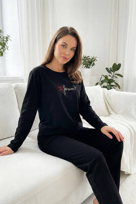 Remsa - Kadın Yazı Detay Suprem Pijama Takımı 0565 Siyah03