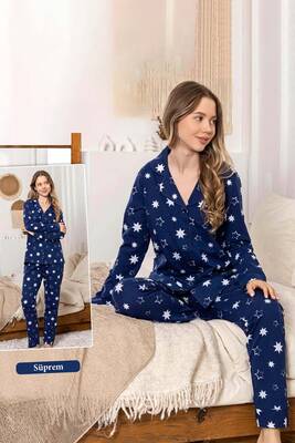 Remsa - Kadın Yıldız Desen Düğmeli Suprem Pijama Takımı 0383 Lacivert01 (1)
