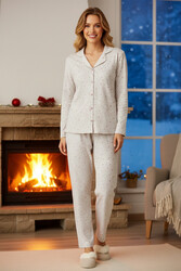 Remsa - Kadın Yıldız Desen Önü Düğmeli Suprem Pijama Takımı 0517 Vizon08