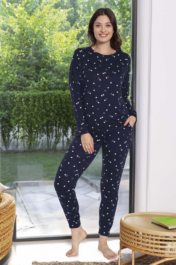 Kadın Yıldız Desen Uzun Kol Pijama Takımı 240928 Lacivert - Thumbnail
