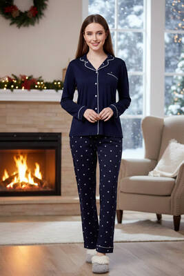 Remsa - Kadın Yıldız Desenli Önü Düğmeli Yumuşak Milan Kumaş Pijama Takımı 250383 Lacivert (1)