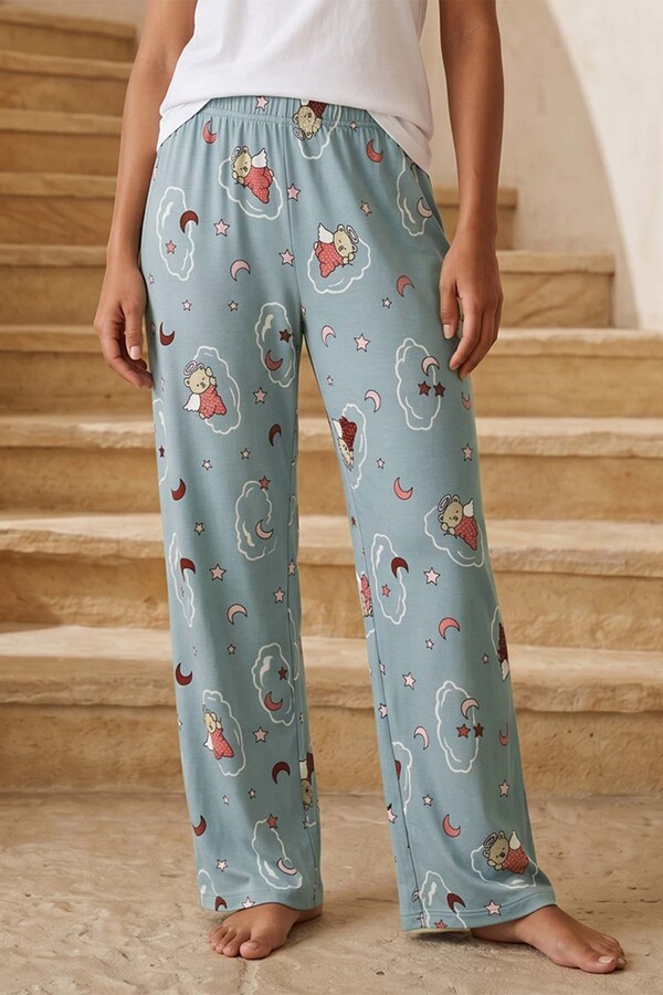 Kadın Yumoş Kumaş Bulut Desen Tek Pijama Alt 31 Mint - Thumbnail