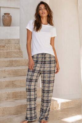 Remsa - Kadın Yumoş Kumaş Ekose Desen Tek Pijama Alt 34 Bej02
