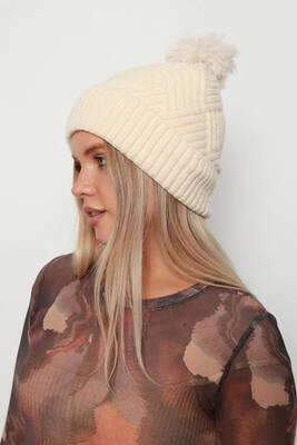 Remsa - Kalın Ponponlu İçi Yünlü Kadın Bere RKŞ-17 Bej