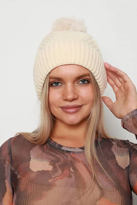 Remsa - Kalın Ponponlu İçi Yünlü Kadın Bere RKŞ-17 Bej (1)