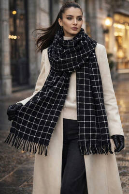 Remsa - Kare Desenli Atkı Omuz Şalı 70X180 cm 1207 Siyah